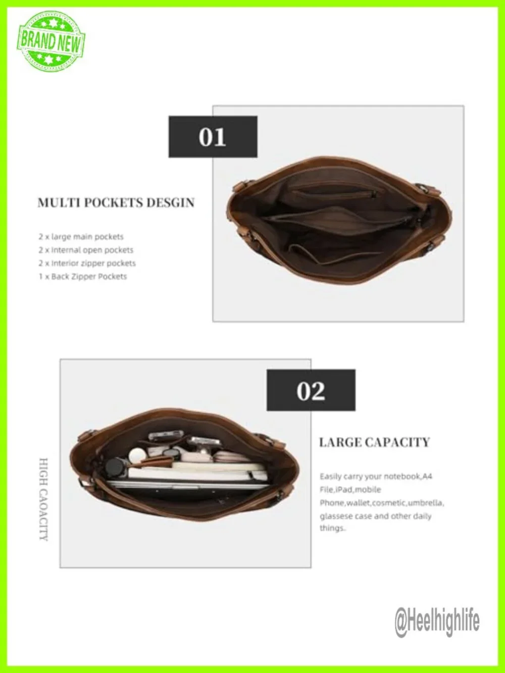 Large Hobo Tote Bag PU Leather Crossbody Shoulder Handbag Work Travel